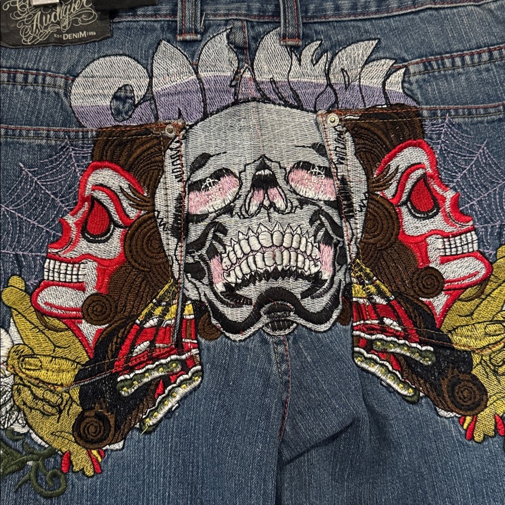 Christian Audigier Skull Embroidered Jeans / Y2K / 36-38 (Tag Cut) - Picture 6 of 14